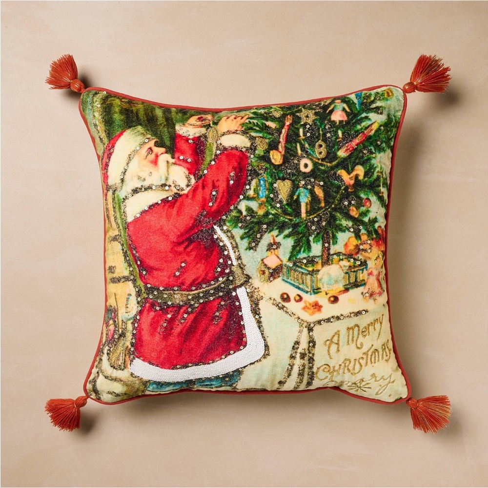 John Derian Target 2025 Santa Pillow Embroidered Holiday Christmas Tree 18”x18”